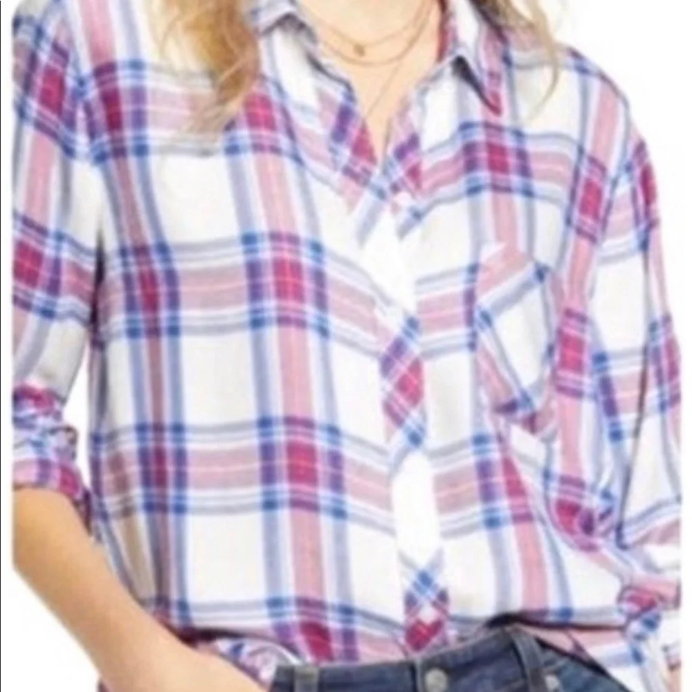 Rails Ivory Bluebell Pink Button Front Long Sleeve Hunter Plaid Shirt Size M - Picture 3 of 6
